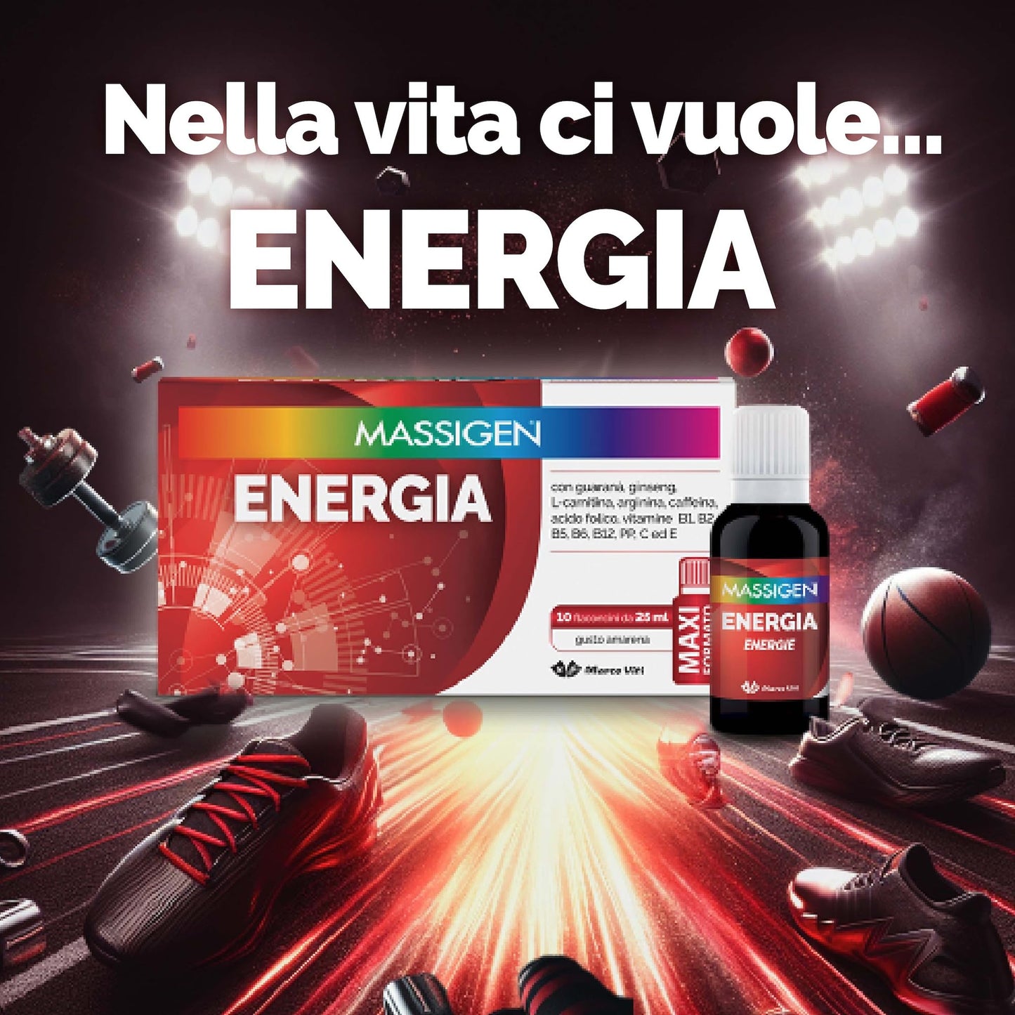 Massigen - Tonico Energia, Integratore Energetico con Ginseng e Guaranà, Combatte la Stanchezza, 10 Flaconcini da 25 ml, Senza Glutine