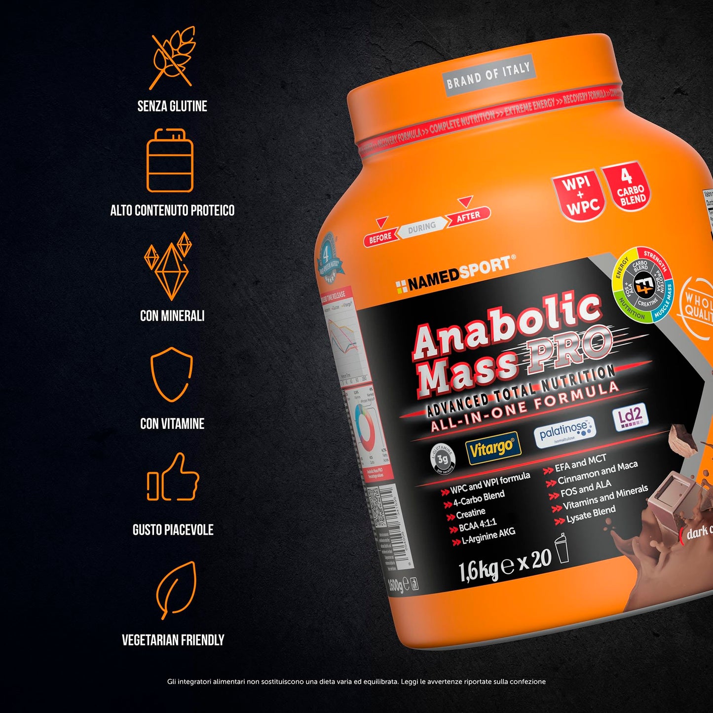NAMEDSPORT ANABOLIC MASS PRO, Proteine in Polvere al Gusto Cioccolato, Proteine Isolate e Concentrate del Siero del Latte, per Crescita e al Mantenimento di Massa Muscolare, Brand of Italy, 1,6 kg
