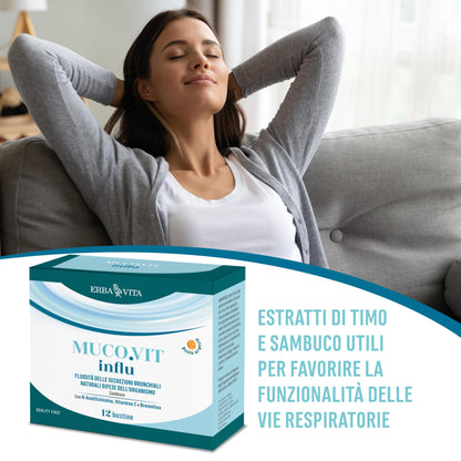 ERBA VITA Muco.vit Influ integratore alimentare in pratiche bustine solubili a base di N-Acetilcisteina e Bromelina da Ananas, specialmente indicato nel periodo invernale - 12 bustine
