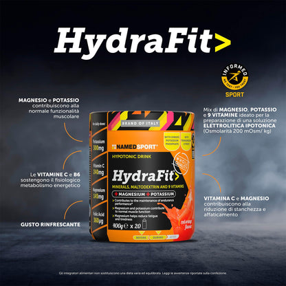 NAMEDSPORT Hydrafit> + Sportbottle, Mix di Magnesio, Potassio e Vitamine, Ideale per la Preparazione di Bevande Isotoniche, Utile per Reintegrare Liquidi nello Sport, Brand of Italy
