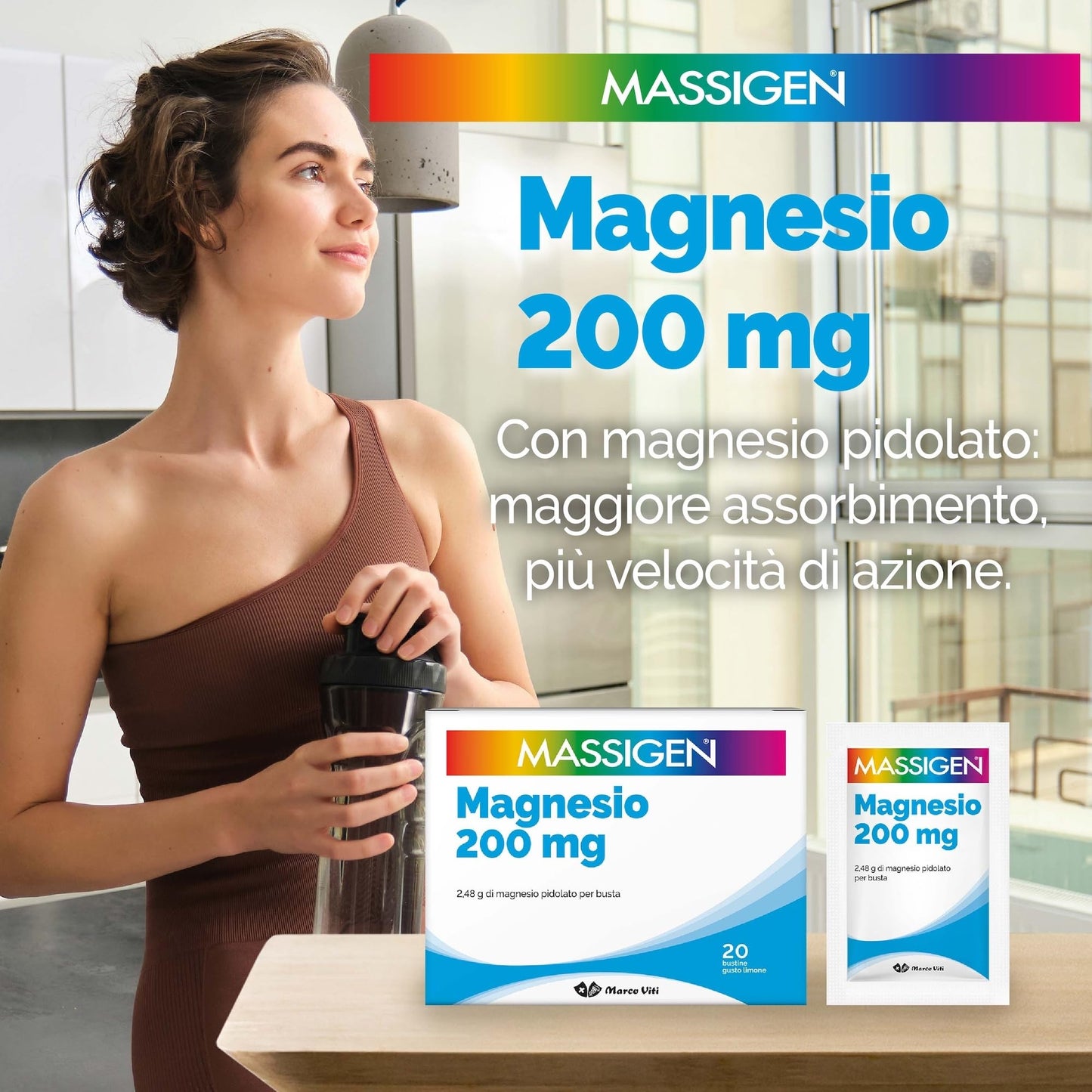 MASSIGEN Integratore Alimentare Magnesio, Aroma Limone, 20 Buste