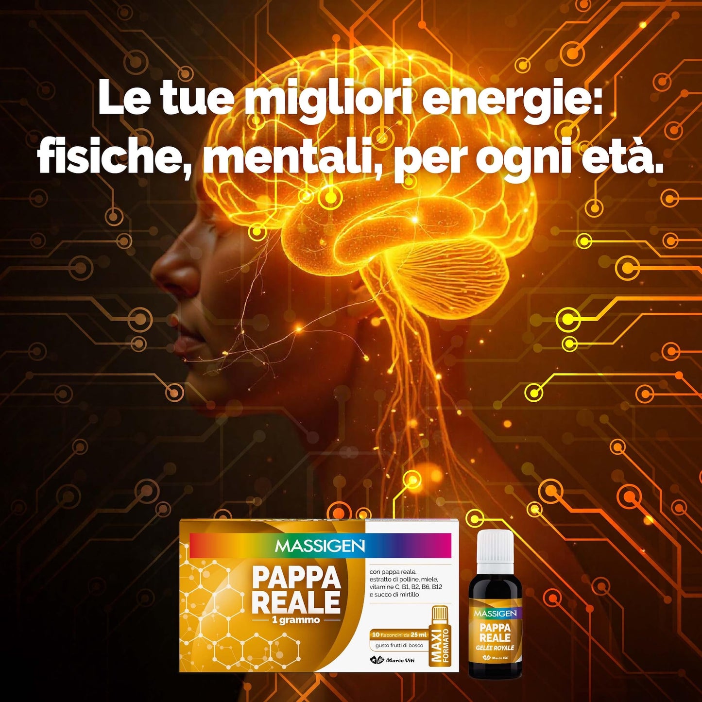 Massigen - Pappa Reale Tonico Naturale, Integratore Energetico, Azione Ricostituente e Antiossidante, con Miele e Pappa Reale, 10 Flaconcini da 25 ml