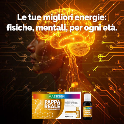 Massigen - Pappa Reale Tonico Naturale, Integratore Energetico, Azione Ricostituente e Antiossidante, con Miele e Pappa Reale, 10 Flaconcini da 25 ml