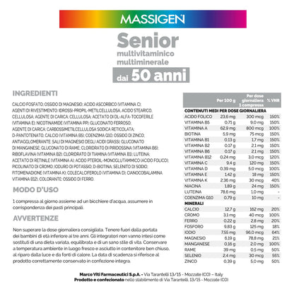 Massigen - Senior, Integratore Multivitaminico e Multiminerale per Over 50, Soddisfa il Fabbisogno Nutrizionale, con Coenzima Q10 e Luteina, 30 Compresse