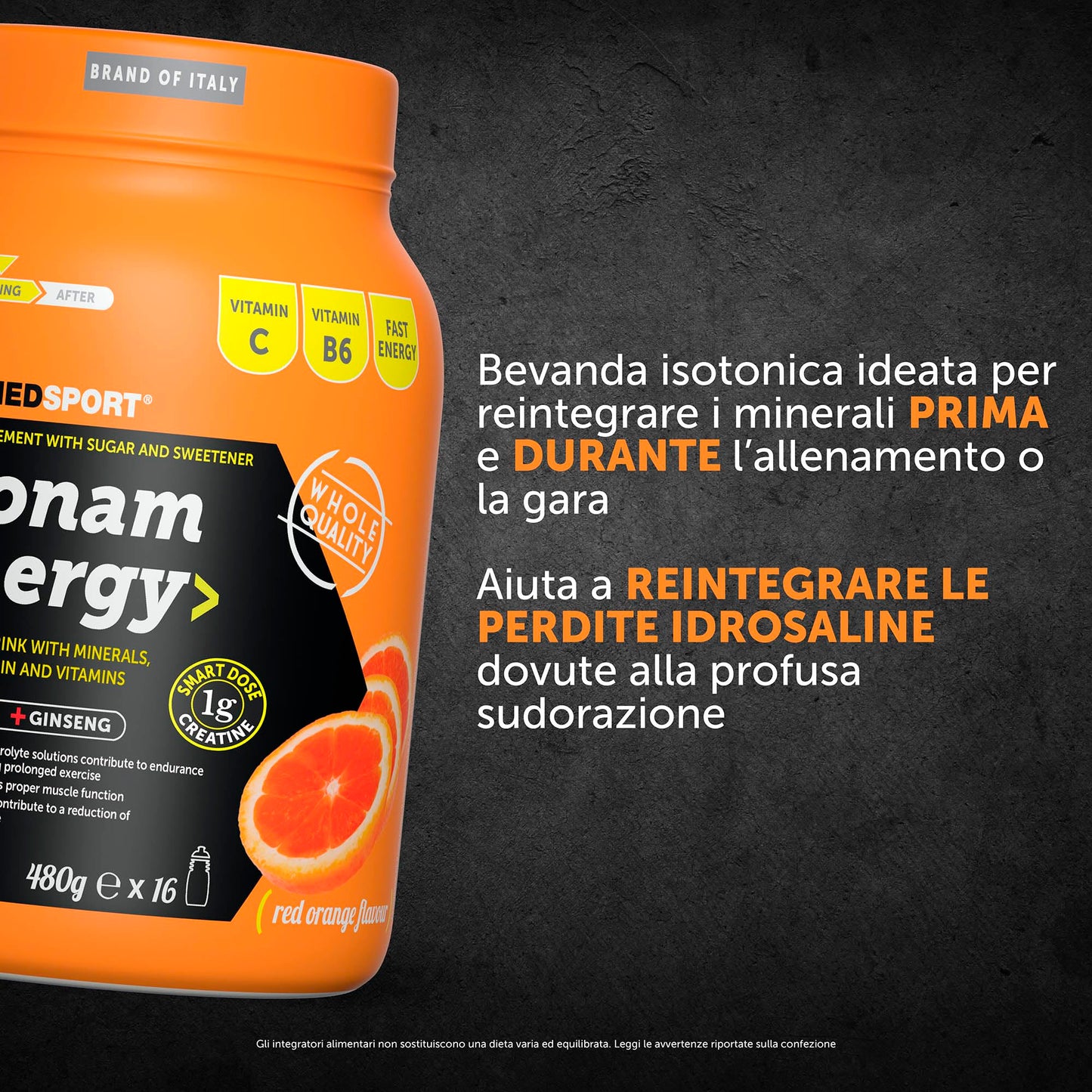 NAMEDSPORT Isonam Energy ORANGE - 480g, Aiuta ad integrare le perdite idrosaline, contribuisce al normale metabolismo energetico, 1 barattolo, contiene 1g di Creatina