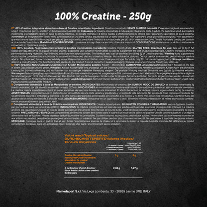 NAMEDSPORT - Creatina Pura al 100%, Incrementa le Prestazioni Fisiche in Caso di Attività Ripetitive, Ideale per chi Fa Bodybuilding, Sport di Endurance, 100% Brand of Italy, 250 g