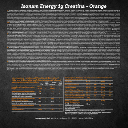 NAMEDSPORT Isonam Energy ORANGE - 480g, Aiuta ad integrare le perdite idrosaline, contribuisce al normale metabolismo energetico, 1 barattolo, contiene 1g di Creatina