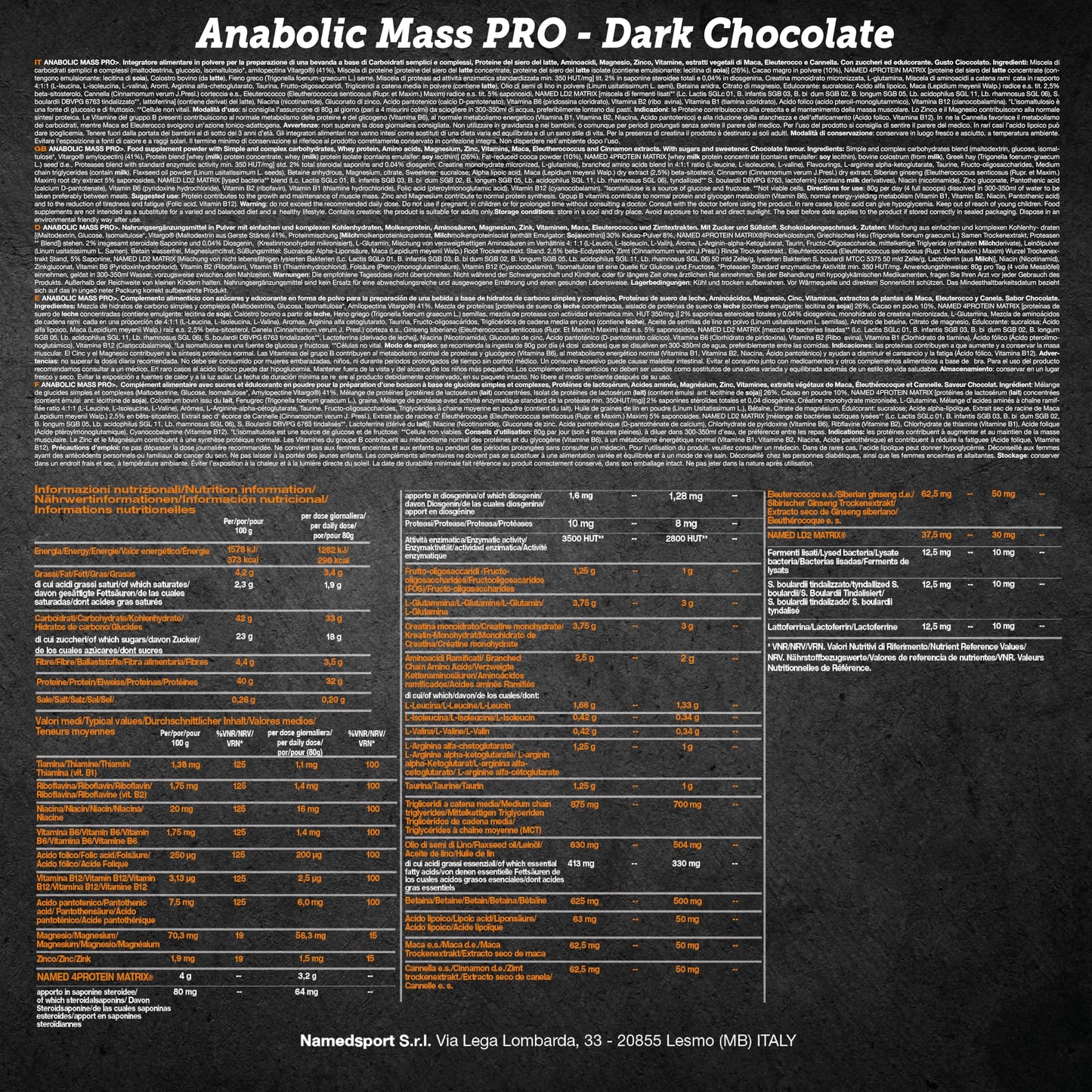 NAMEDSPORT ANABOLIC MASS PRO, Proteine in Polvere al Gusto Cioccolato, Proteine Isolate e Concentrate del Siero del Latte, per Crescita e al Mantenimento di Massa Muscolare, Brand of Italy, 1,6 kg